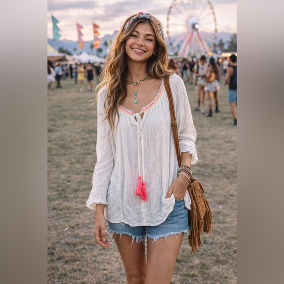 lovestitch Tops - Lovestitch Boho Festival Peasant Top Tassel Tie Neck Long Sleeve Gauze Size L